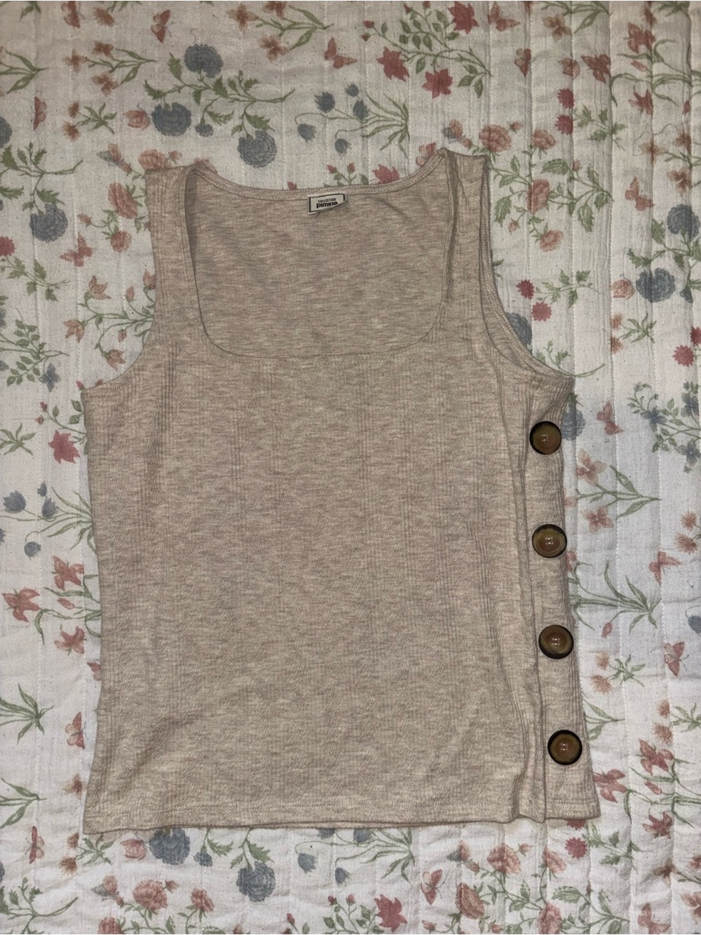 Women's Scoop Neck Ribbed Tank with Side Button Detail - Beige